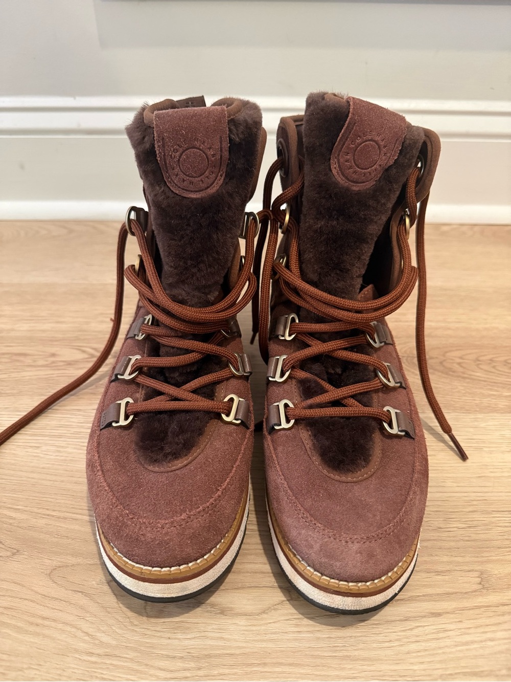 Cole Haan Burgundy Suede Lace-Up Ankle Boots with Shearling Trim